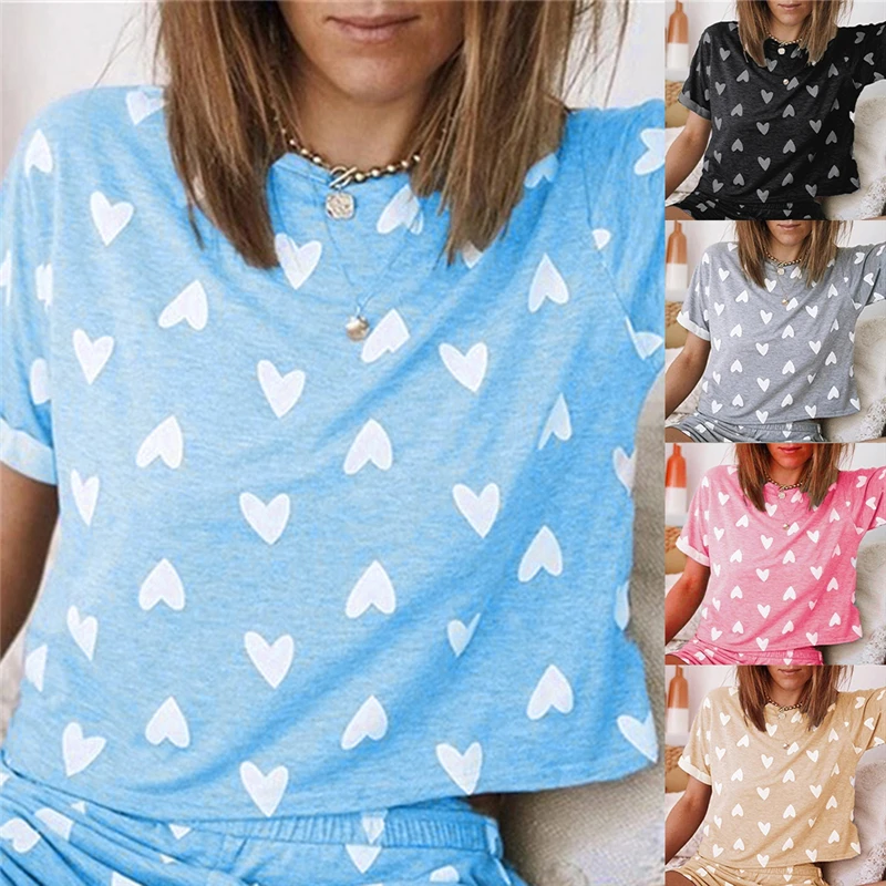 

Women Home Wear Tops Shorts Set Fashion Heart Printed Short Sleeve O-Neck Casual Outfit Tracksuit Set Sleepwear Pajamas Suit