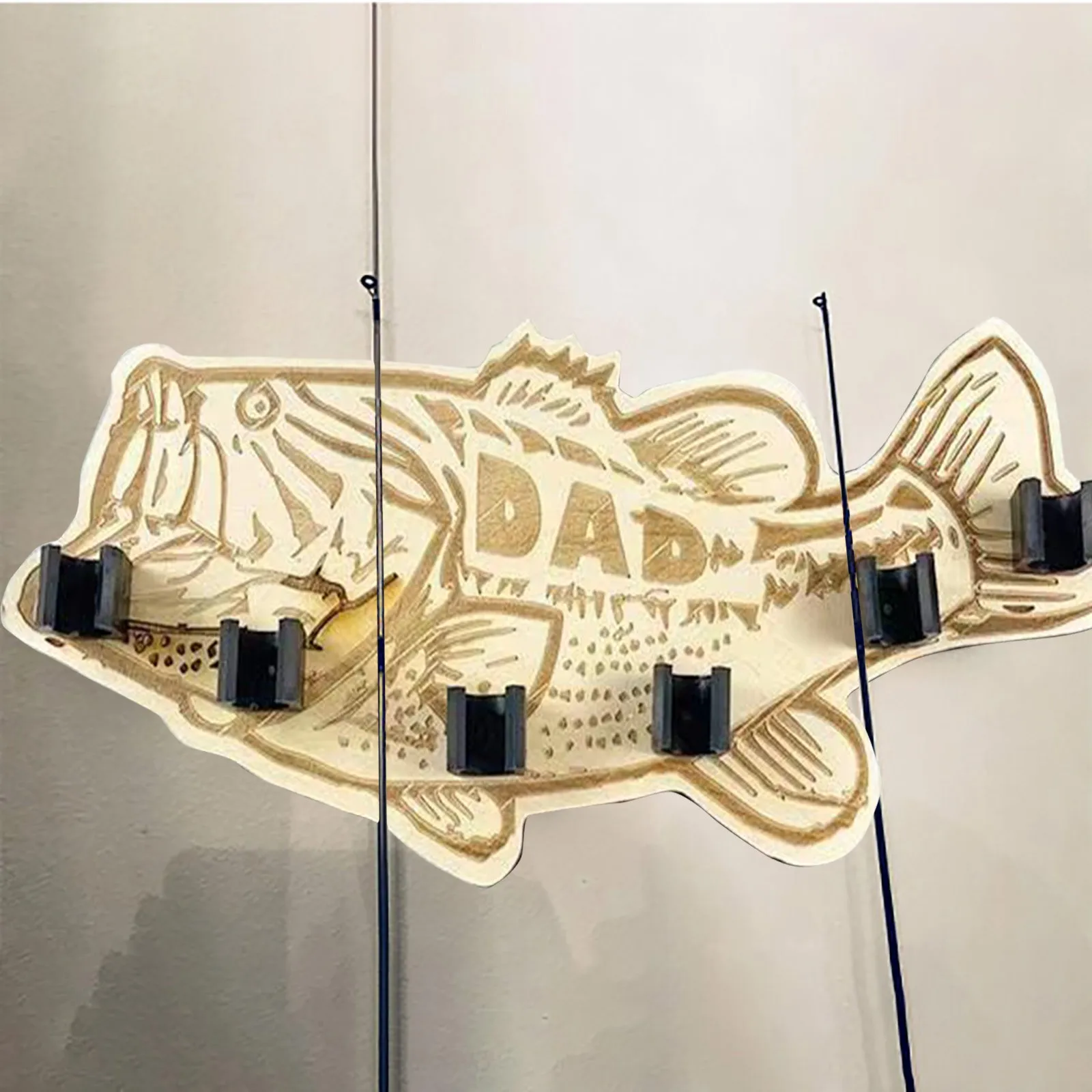 

Wood Large Mouth Bass Fishing Rod Holder Vertical Fishing Rod Holder With 6 Rod