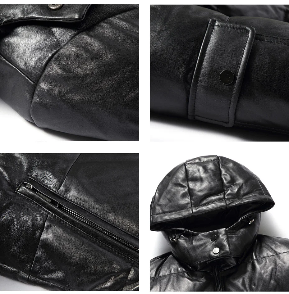 CARANFIER Mens Winter Warm Black Genuine Leather Real Lambskin Duck Down Hooded Jackets Coats Jaqueta De Couro Deri Ceket