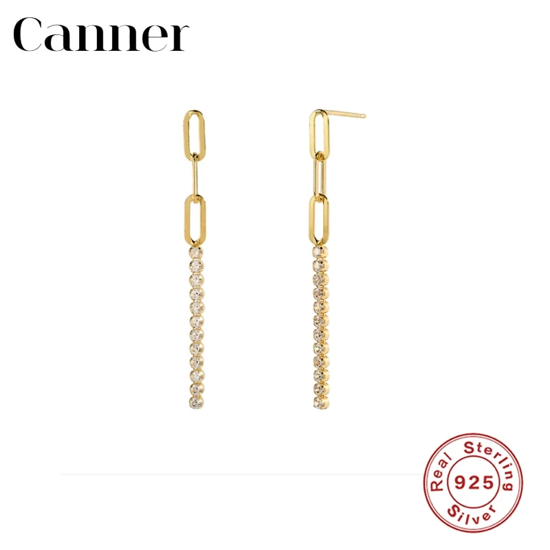 

Canner 925 Sterling Silver Stud Earrings Long Dangle Black Transparent Zircon Tassel Earrings For Women Fine Jewelry Aretes W5