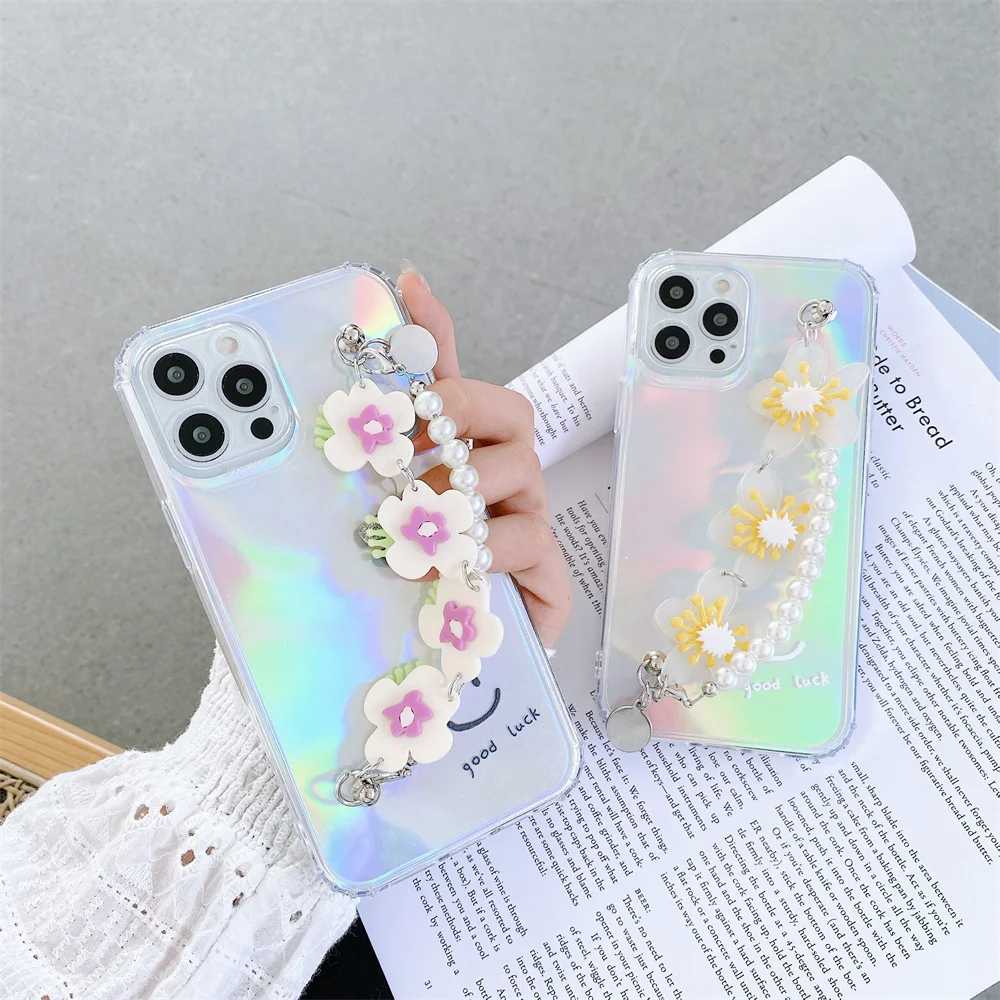 

Цветной лазерный жемчужный чехол для телефона с маргариткой на запястье с цепочкой для IPhone 12 11 Pro Max X Xr Xs Max 6 6s 7 8 Plus, подвесной чехол с цепочко...