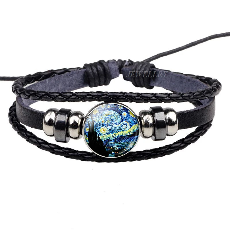 Van Gogh Bracelet Art Oil Paintings Glass Cabochon Jewelry Black Leather Punk Bracelets Starry Night Sky Sunflower Men Gifts | Украшения и
