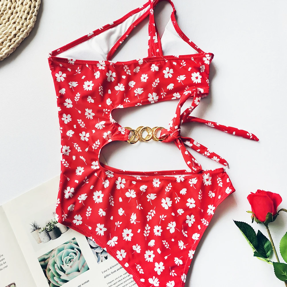 

Floral Print Bandage One Shoulder Swimsuit 2020 New Arrival One Piece Padded Hollow Out Sexy Swimwear Women Monokini