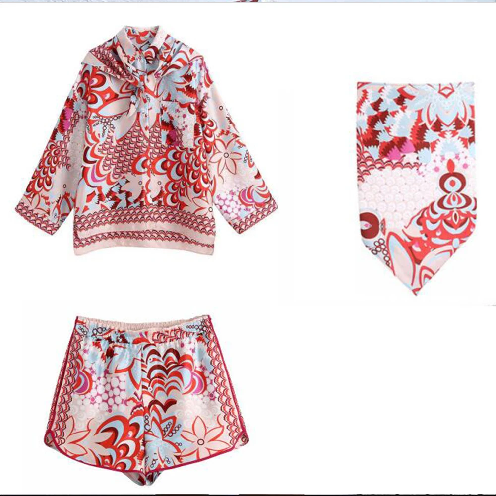 

Summer Women Satin Shorts Sets Print Long Sleeve Blouses Top Shirt+Mini Shorts Y2K Casual Three Piece Sets Party Sexy Outfits