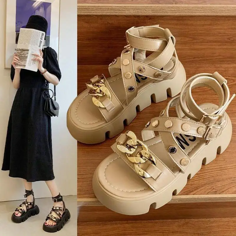

Sandal For Women Buckle Strap Flat Platform Lady Shoes Metal Decoration Rivet Solid Cross-strap Roman Shoe Casual Sandals Ladies