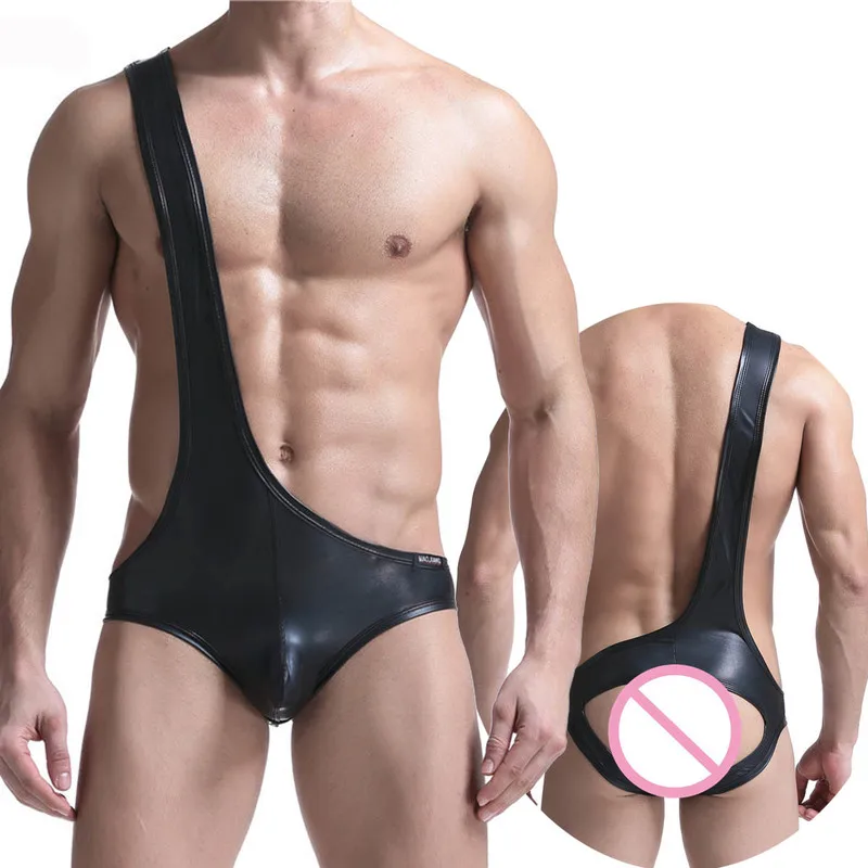 

Sexy Men Undershirts PULeather Open Butt Bodysuits Male One Piece Jumpsuits One Shoulder Gay Underwear Leotard Wrestling Singlet