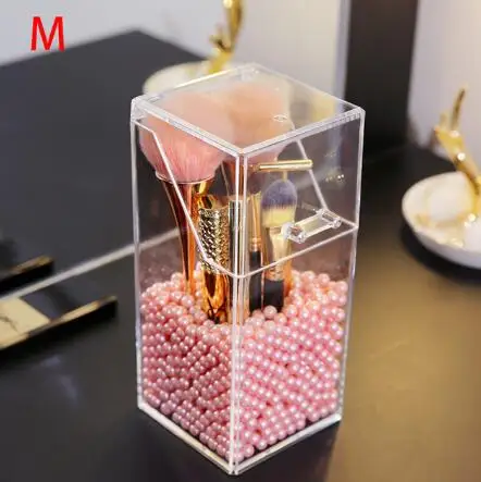 Transparent PINK Акриловый держатель кистей для макияжа, жемчужный Органайзер, акриловая пластиковая прозрачная Косметическая кисть, жемчужная коробка для хранения с крышкой, органайзер для макияжа - Цвет: Transparent PINK