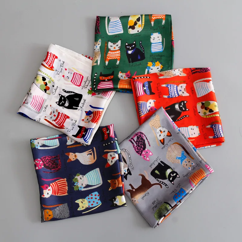 Модный хиджаб шарф для женщин шелковые шарфы с рисунком кошки женские квадратные