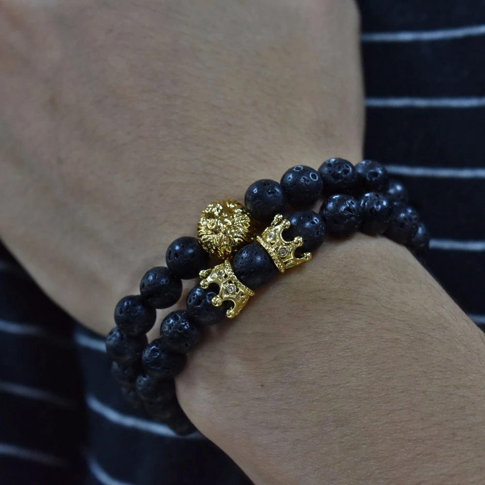 Модный классический браслет с головой льва и короной для мужчин 2 шт./компл. браслеты из натуральной лавы