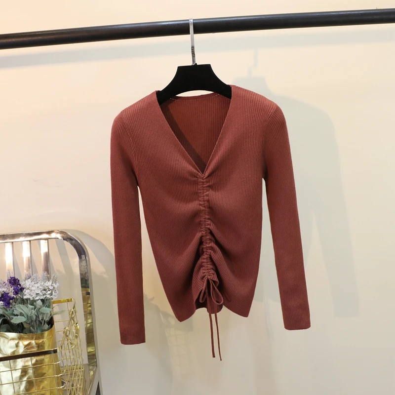 Повседневный вязаный свитер на шнуровке Женский облегающий тонкий джемпер