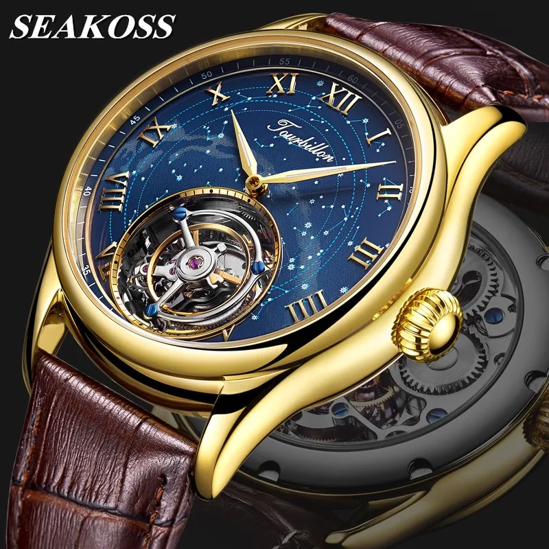 

Original SEAKOSS Men Tourbillon Watch Sapphire Starry Sky Dial Tourbillon Movement Mens Mechanical Wristwatches Business Clock