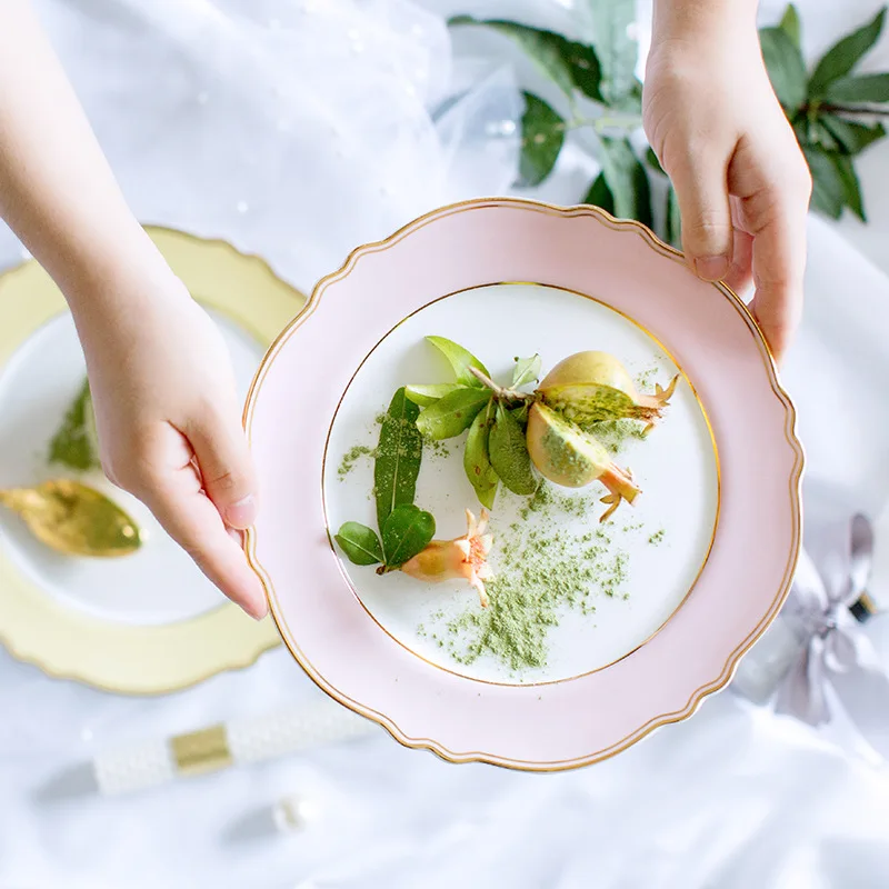 Золотая инкрустация керамическая тарелка форма цветка Десерт Фрукты стейк набор