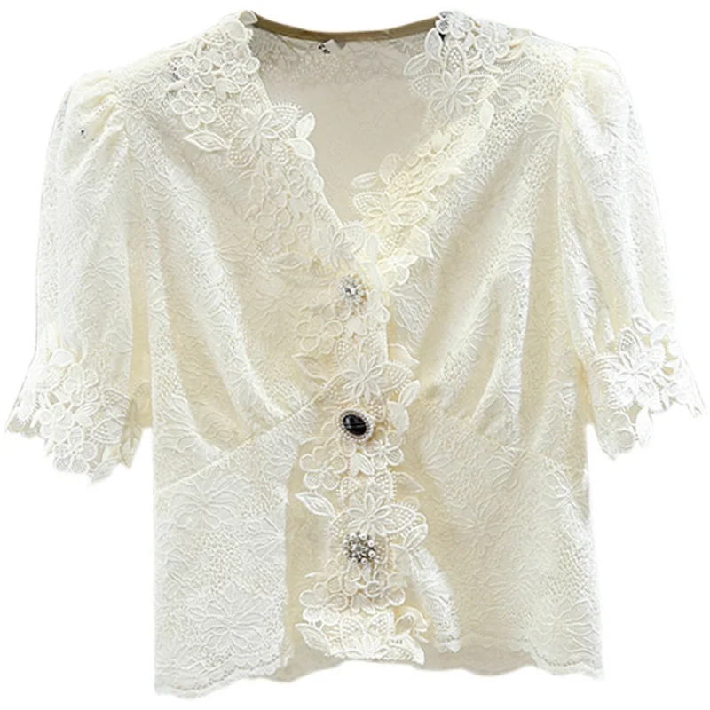 

2021 New Summer Blouse Tops Female Puff Sleeve Crocheted Hollow Single-Breasted V-neck Lace Shirt Blouses Women's Elegant Tops