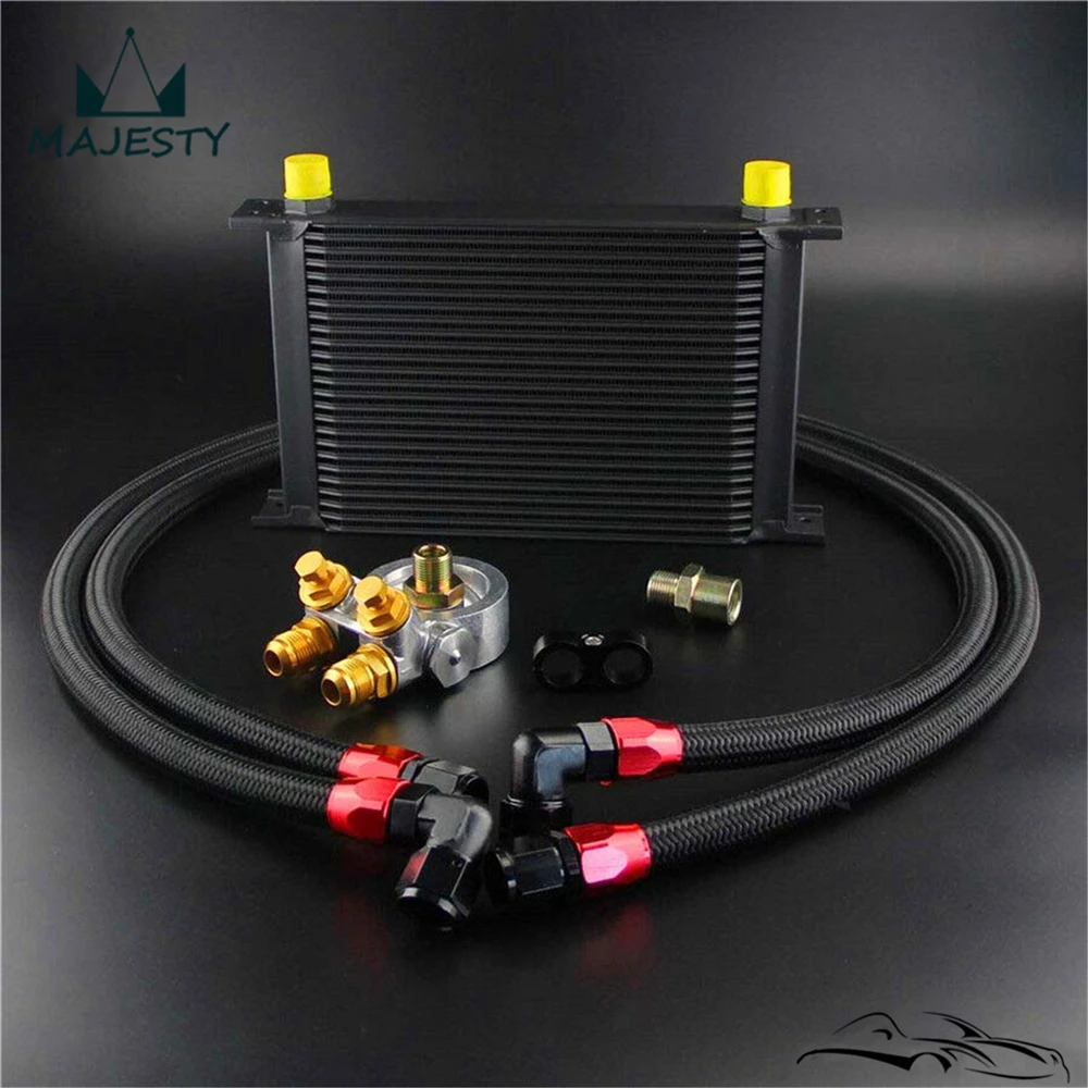 

Universal 25 Row Oil Cooler+AN10 Oil Adapter w/Thermostat +Braided Hose Line Kit Silver / Black