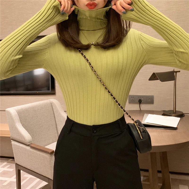 Осень Зима Водолазка Свитер облегающий женский однотонный базовый пуловер