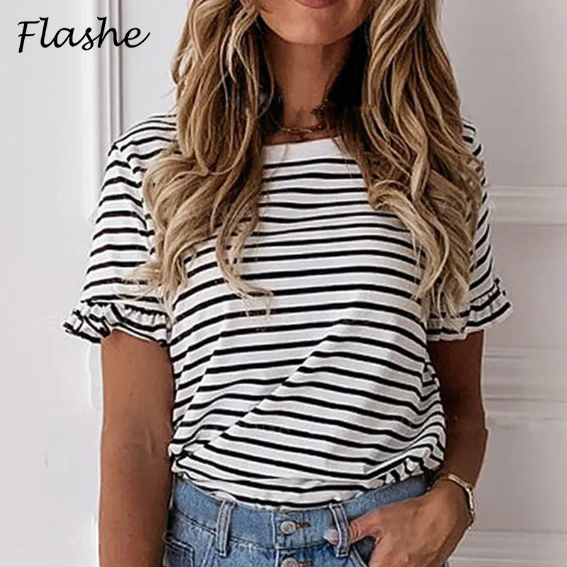 

Women Short Sleeve Stripe Casual Tees Spring Summer 2021 Simple Loose O-neck Basic T Shirt Free Shipping Hot Sale
