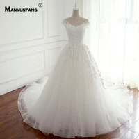 real photo custom made sleeveless chapel train wedding dress luxury scoop neck embroidery appliques tulle bridal ball gown