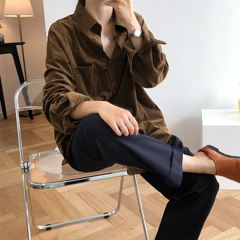 

Foggy Glossy Retro Corduroy Shirt Women's 2021 Spring Hong Kong Style Loose Long Sleeve Top 982