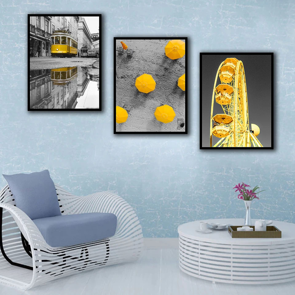 Скандинавский постер с ландшафтом колесо обозрения оранжевый автобус