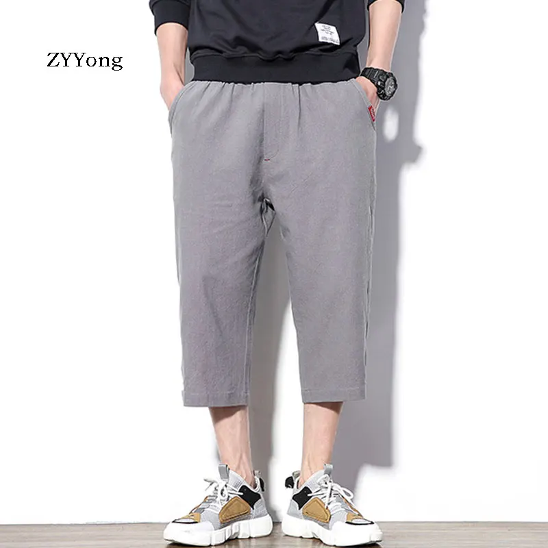 Новинка лета 2020 свободные мужские однотонные Удобные укороченные брюки большого