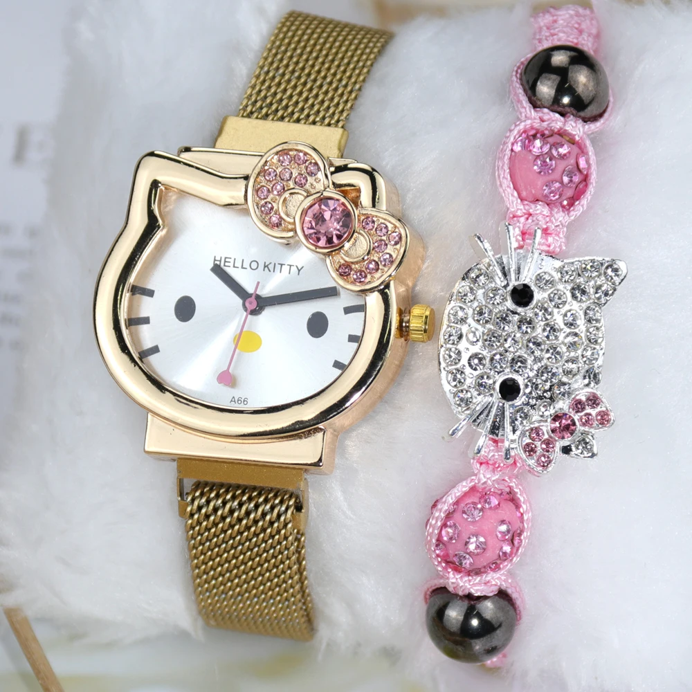 

Children Cartoon KT Cat Lovely Watch Gold Red Stainless Steel Strap Quartz Watch With Bracelet Kids Christmas Gift