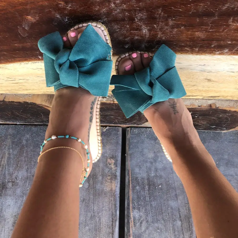 Женские сандалии из флока с бантом сланцы пляжные шлепанцы 4 цвета WSH3617 | Обувь