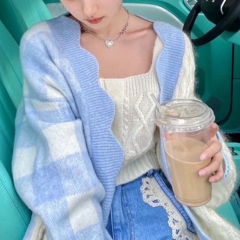 

Korean Fashion Knit Sweaters Women Autumn Whiter Blue Japanese Sweet Elegant Cardigan Loose Casual Harajuku Cute Sweaters 2021