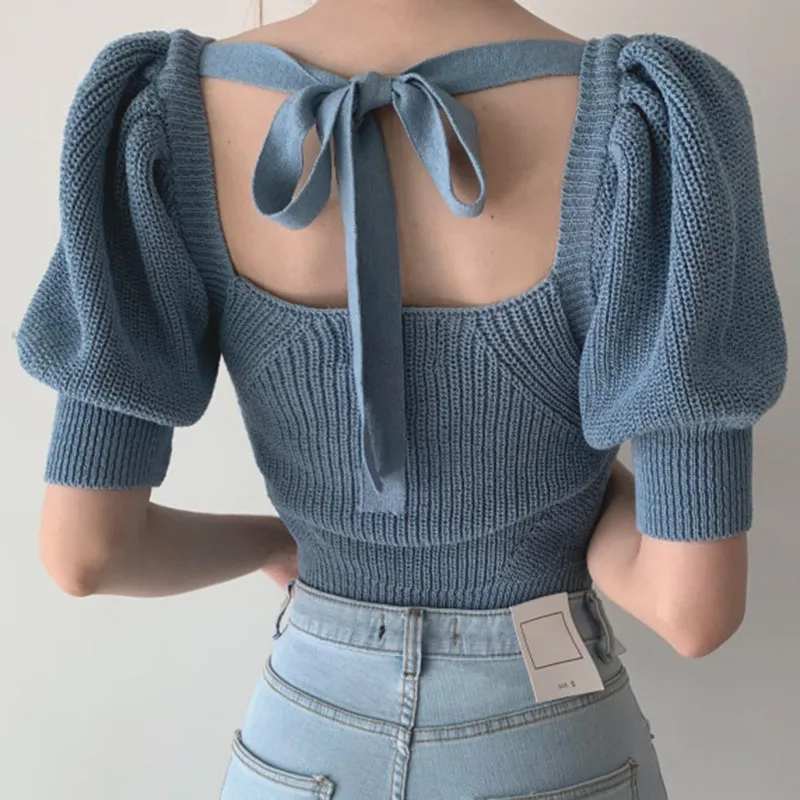

Summer New Korean Fashion Chic Knitted Tops Sexy Backless Bowtie Shirt Hollow Out Retro Square Collar Short Puff Sleeve T Shirt