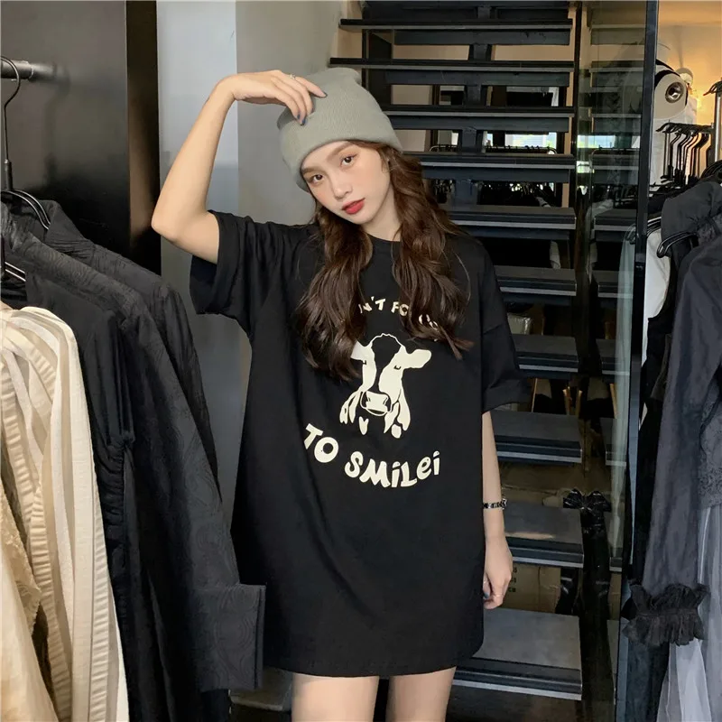 

Women's T-shirt 2021 New Summer Korean Style Loose Boyfriend Harajuku Style Couple Wear Mid-Length Short Sleeves Top Ins Fashion