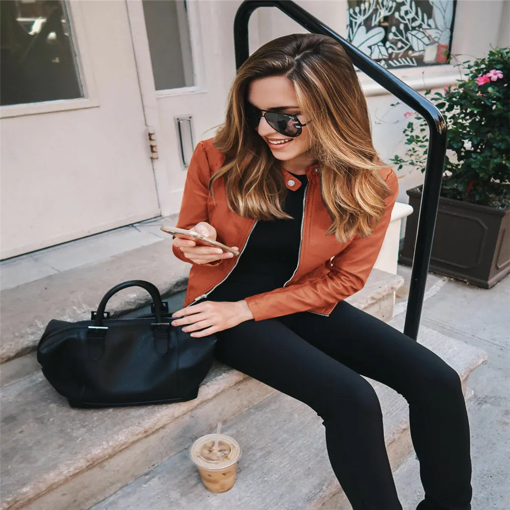 

2020 Women Suit Jacket Leather PU Stand-up Collar Design Smooth Zipper Close Simple Style Spring Clothing High-Quality Fabric