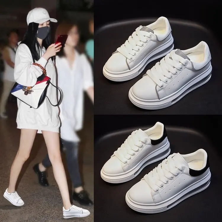 

Small white shoes women's 2021 new thick-soled sneakers leather couple casual shoes deep mouth round toe increase flat shoes