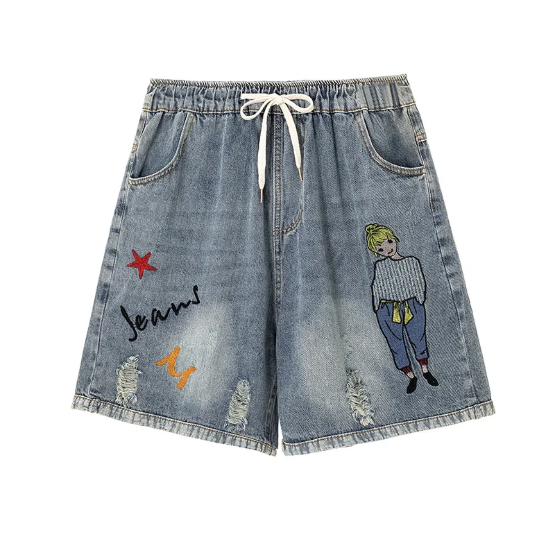 

Embroidery Denim Shorts High Waist Plus Size Loose Softener Elastic Waist Wide Leg Pants