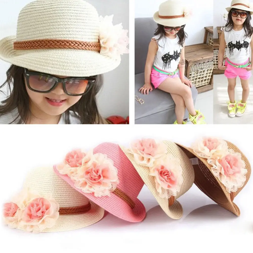 

Brand Fashion Children Baby Girls Hat Flower Sun Hats Straw Hat Summer Beach Cap Kids Gift 5-12T