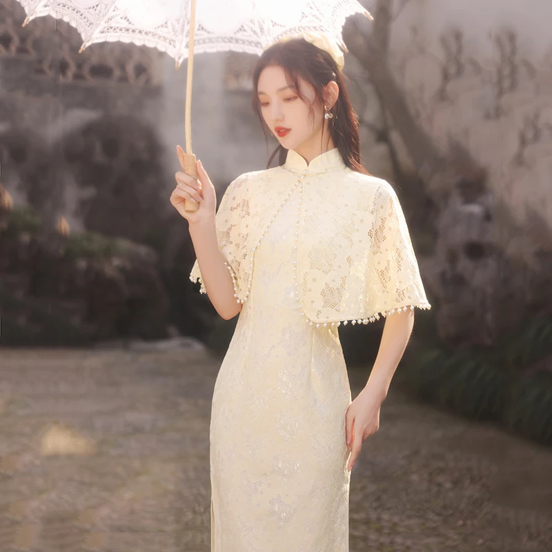 

Cheongsam Qipao Chinese Dress Elegant Traditional Clothing Vintage Grace Bodycon Dresses Cape Sexy Slit Wedding Party Dance