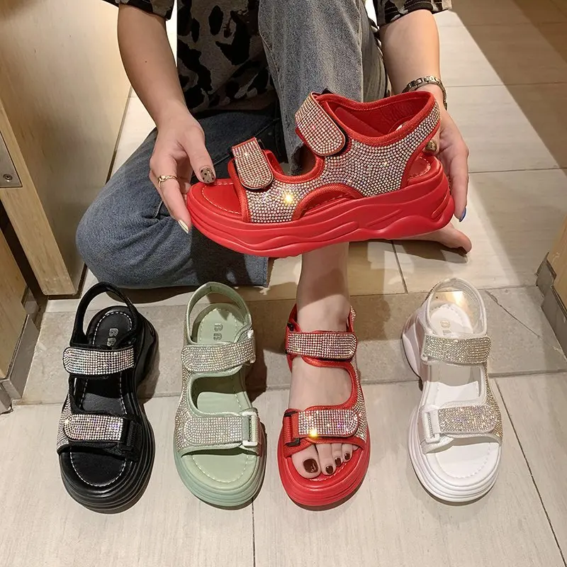 

Beige Heeled Sandals Shoes All-Match Clogs Wedge 2021 Women's Med Open Toe Muffins shoe Black Sports Fashion Thick Platform New