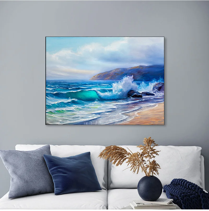 Пляжная волна холст красивый пляж морской пейзаж синее море фотография масло |