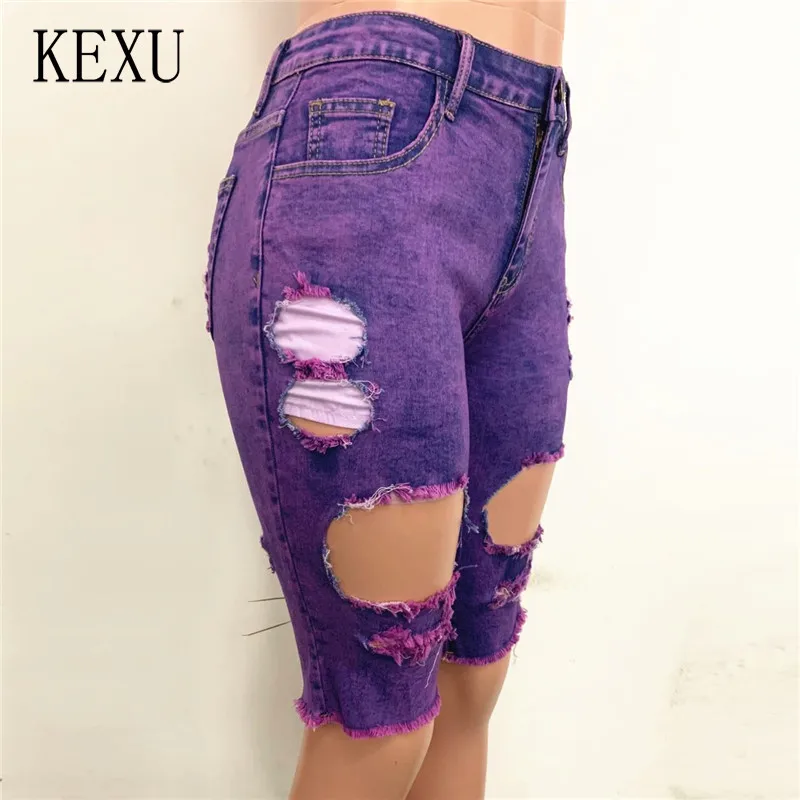 

KEXU Purple Women Sexy Hollow Out Hole High Waist Pencil Denim Trousers Streetwear Fake Zippers Knee Length Jeans Pants