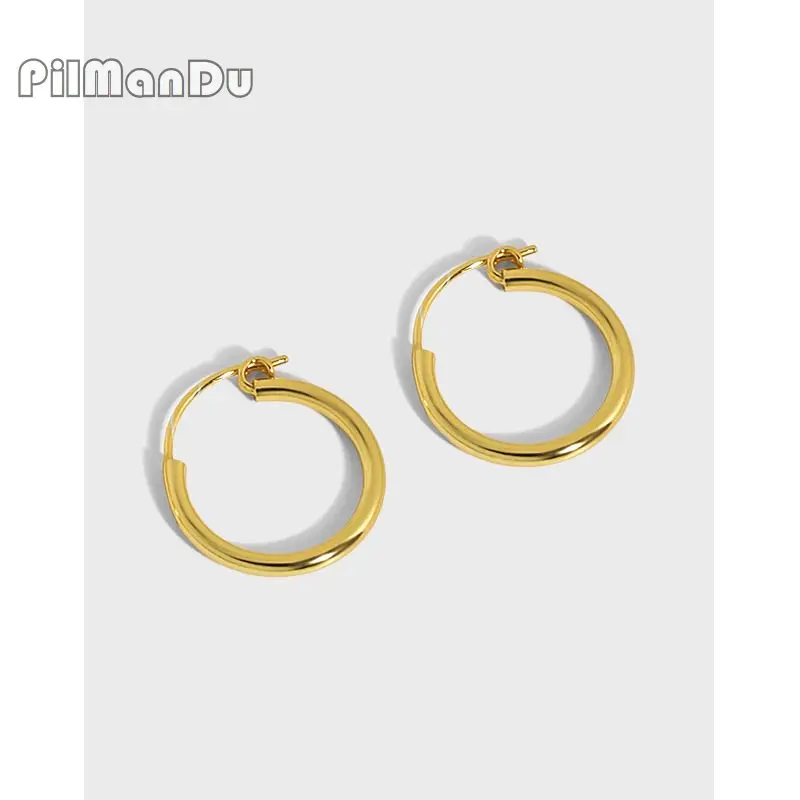 

PilManDu S925 Sterling Silver Circle Glossy Texture Hoop Earrings C Shaped Earrings Minimalist Earrings For Women Fine Jewelry