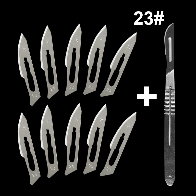 Cuchillas quirúrgicas de acero al carbono 20 #-23 #, bisturí + 1 Mango, herramienta de corte artesanal, reparación de PCB, cuchillo quirúrgico de animales, 10 Uds.