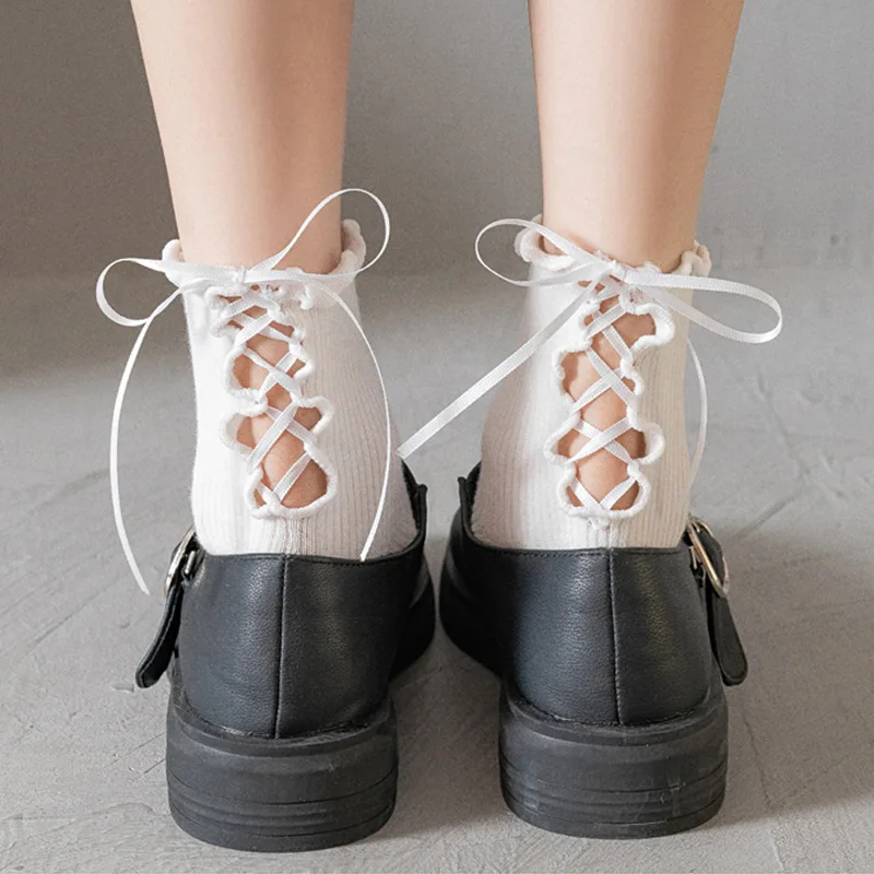 

Женские хлопковые носки KASURE, черные и белые носки с длинным веревочным ремешком и бантом, модные женские носки на высоком каблуке с принтом ...