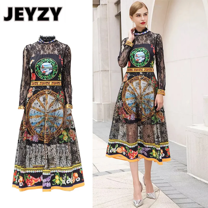 

Jeyzy Fashion Designer dress Summer Women's Dress Lace Long Sleeve Beading Sequined Fruit Print Black Elegant Dresses vestidos