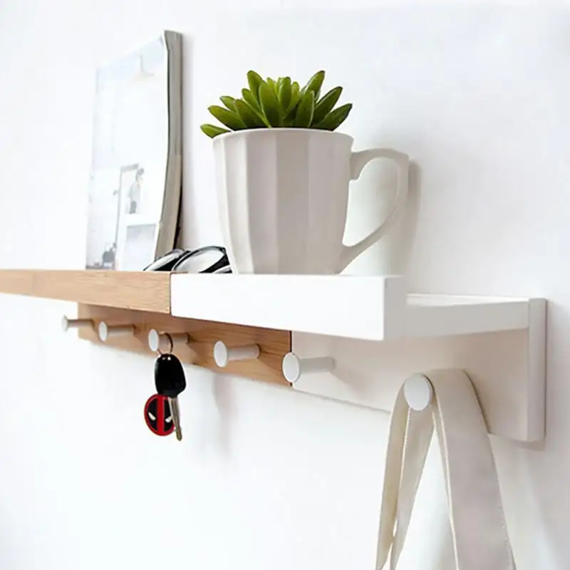 

3 Hooks Wooden Wall Shelf Wall Mount Storage Rack Organizer For Home Kitchen Bedroom Decor DIY Wall Decoration Holder Tray