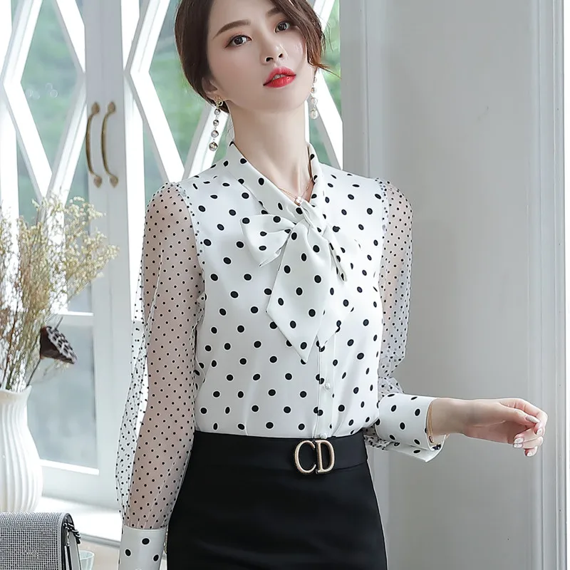 Высококачественная женская рубашка в горошек с длинным рукавом новая осенняя