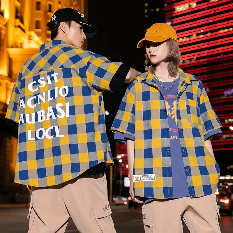 

Plaid Shirt Men's Spring Summer Short Sleeve Printed Letter Coat Loose Plus Size Shirts for Men Trend Harajuku Tops Male Clothes