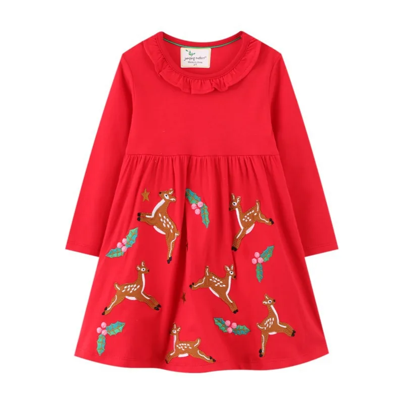 

Jumping Meters New Autumn Winter Christmas Dresses Red Deer Embroidery Fashion Baby Girls Clothes Princess Party Tutu Frocks Kid