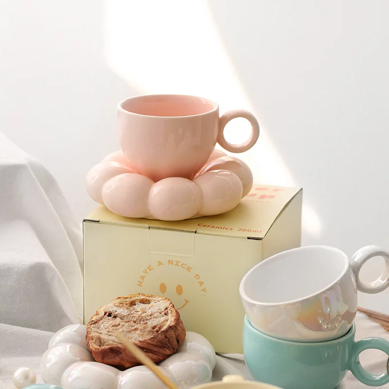 200ml Creative Flower Ceramic Mugs Candy Color Coffee Cup Saucer Set Tea Milk Water Home Drinkware Couple Handgrip Gifts | Дом и сад