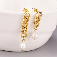 zj hot sale 2021 non tarnish stainless steel street style natural freshwater pearl charms chain asymmetry stud earring wholesale