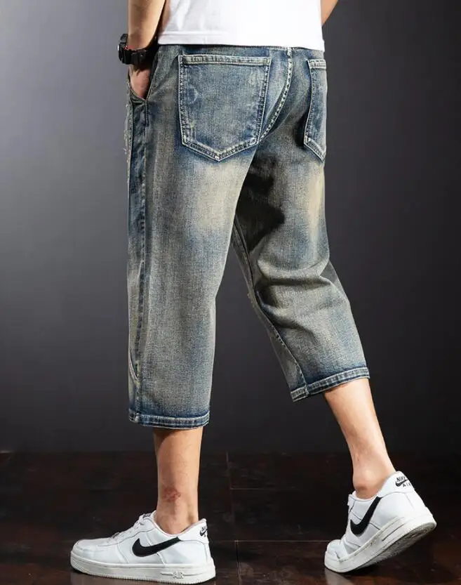 Mens Baggy Denim Shorts Fashion Streetwear Hip Hop Skateboard Cargo Hole Jeans Male Calf-Length Pants