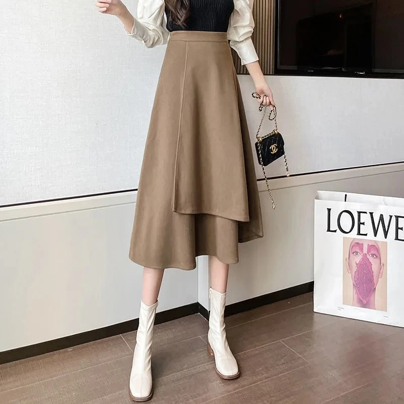 

Юбка-трапеция Женская шерстяная Асимметричная, модная шикарная офисная Однотонная юбка с завышенной талией, в Корейском стиле, на весну
