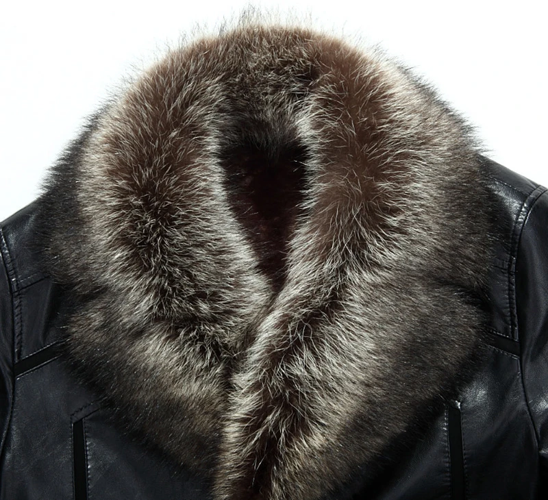 

Winter Raccoon Dog Fur Russian Collar Men New Thicken Windbreaker Coat Fashion Flocking Faux Leather Jacket Male